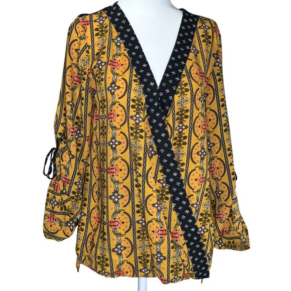 Skylar Jade Womens Blouse Size M Boho Style Yellow Black Floral Print Wrap - Picture 1 of 9